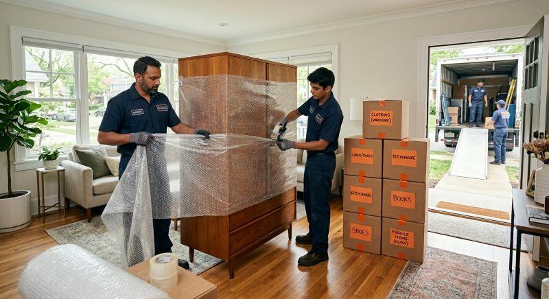 Stacked branded moving boxes ready for professional packing service